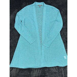 Eileen Fisher Women's Open Front Long Cardigan S 100% Wool Teal Blue Lightweight